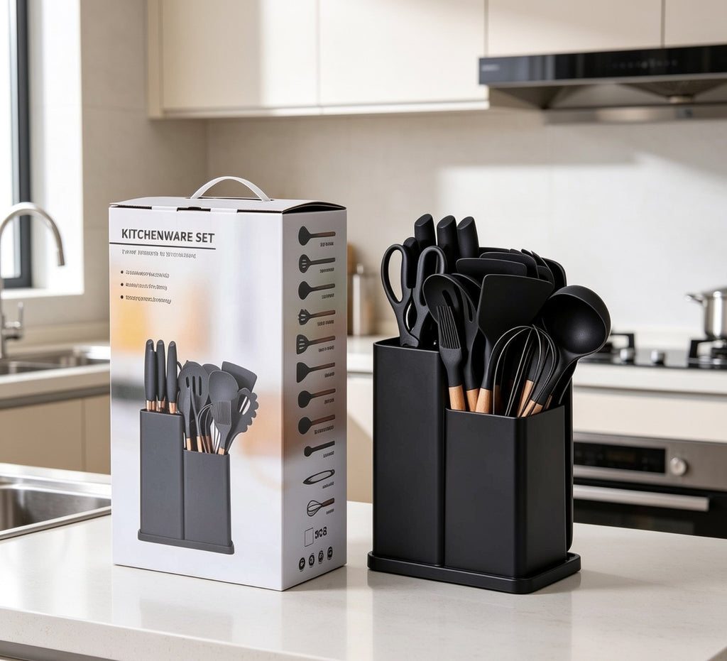 Set Utensilios de Cocina 19 Piezas con Cuchillos y Tabla