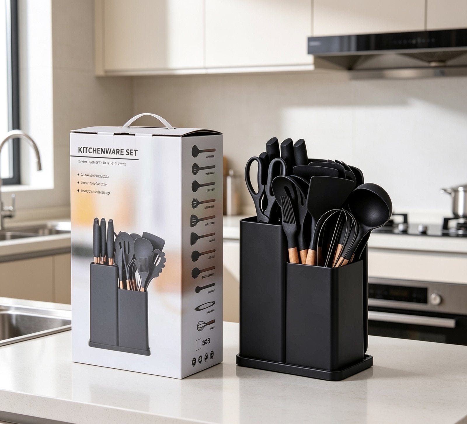Set Utensilios de Cocina 19 Piezas con Cuchillos y Tabla