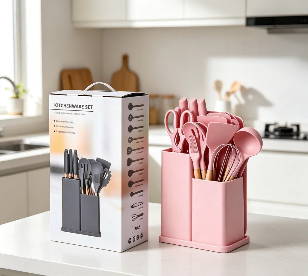 Set Utensilios de Cocina 19 Piezas con Cuchillos y Tabla