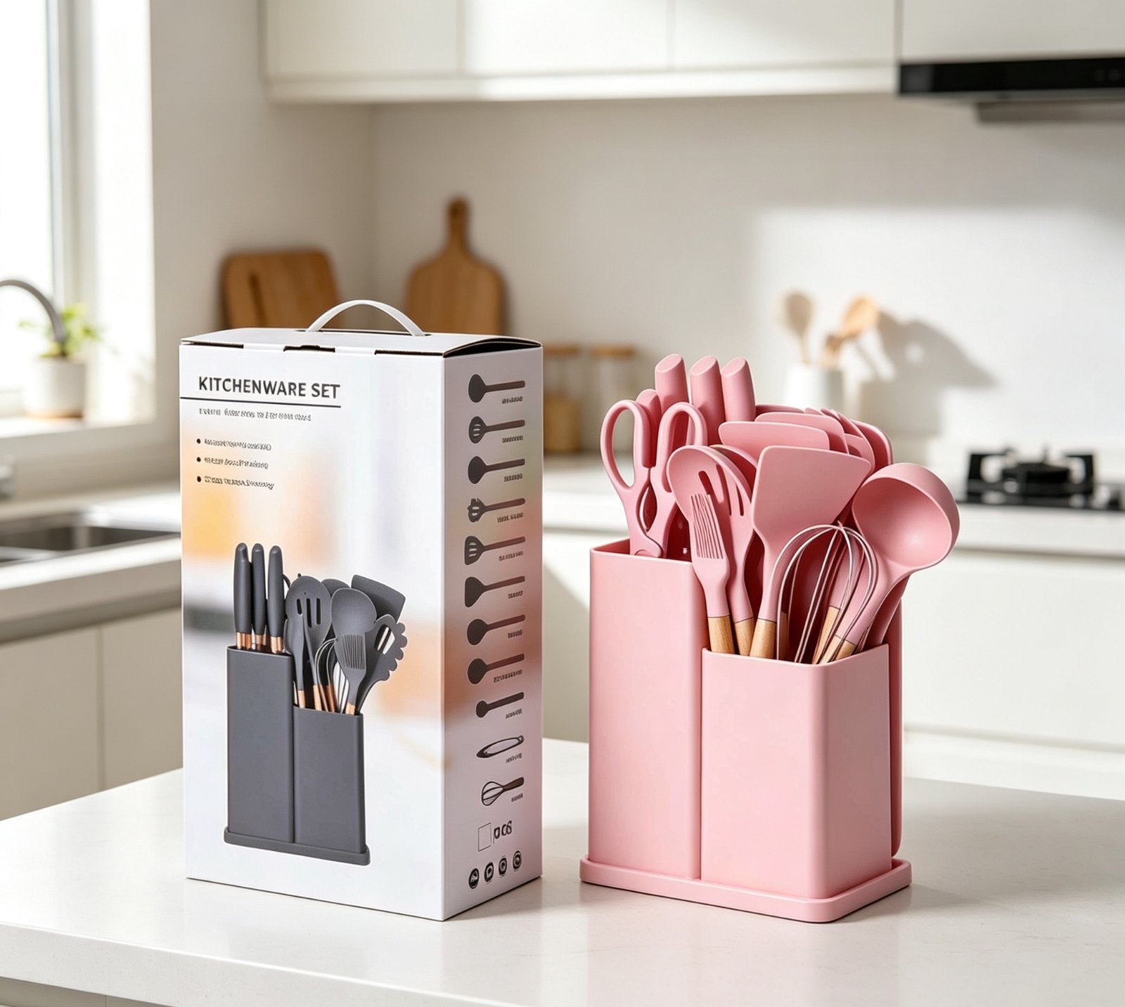 Set Utensilios de Cocina 19 Piezas con Cuchillos y Tabla